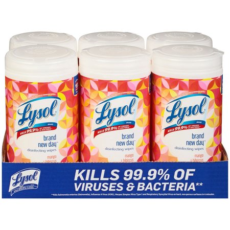 LYSOL Brand New Day Disinfecting Wipes, Canister, Mango, 6 PK RAC97181CT